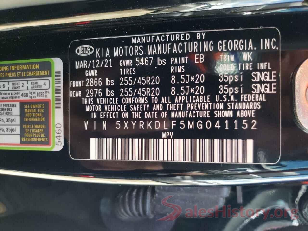 5XYRKDLF5MG041152 2021 KIA SORENTO