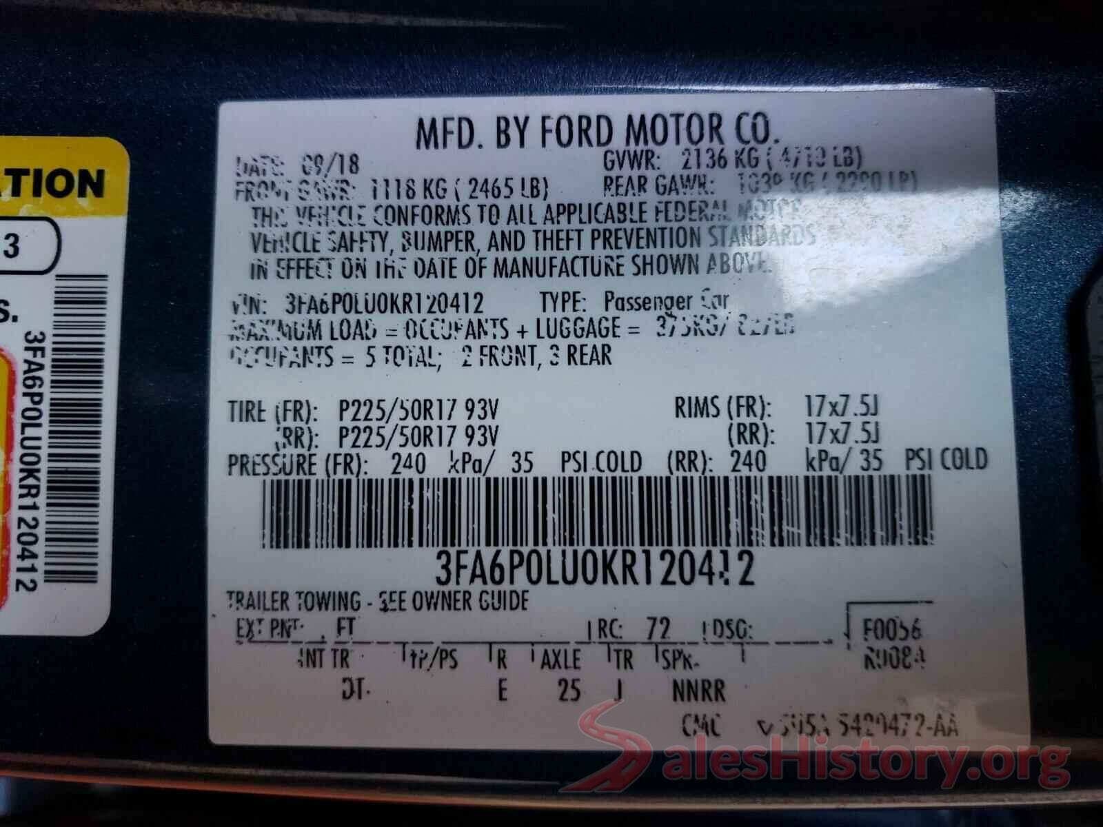 3FA6P0LU0KR120412 2019 FORD FUSION