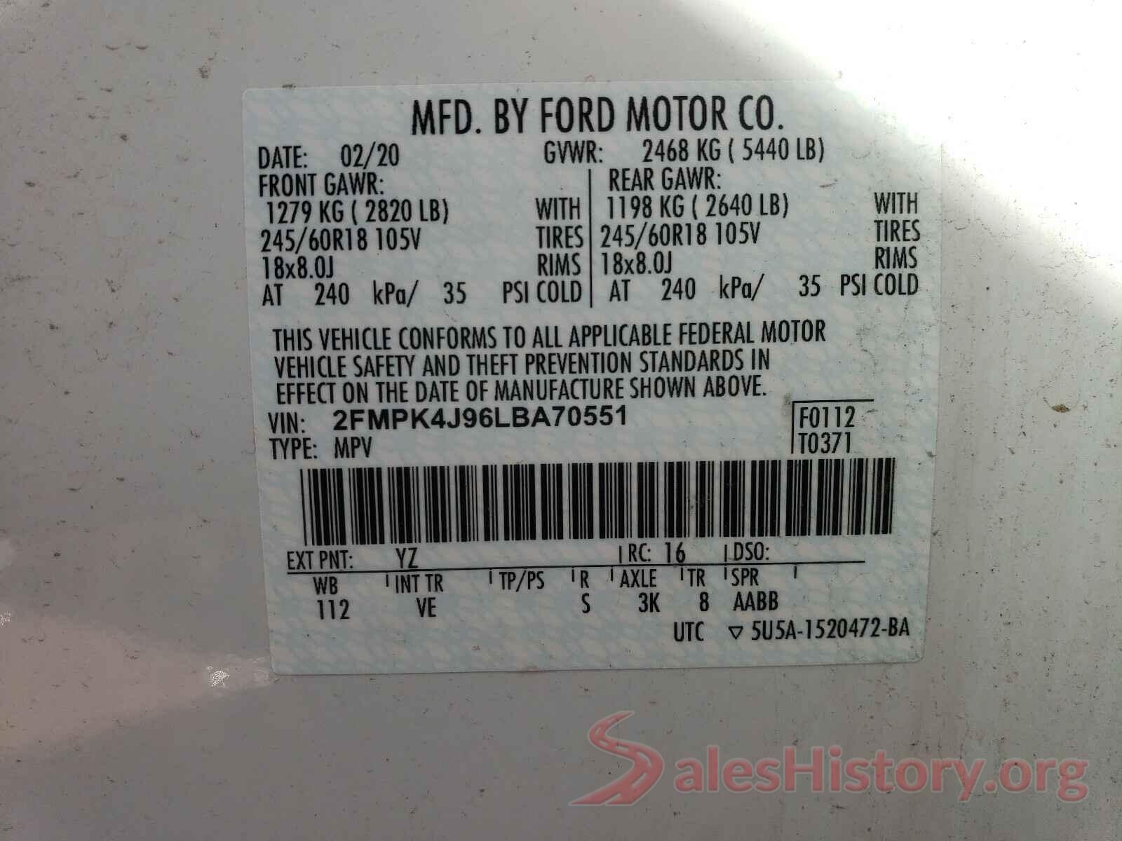 2FMPK4J96LBA70551 2020 FORD EDGE