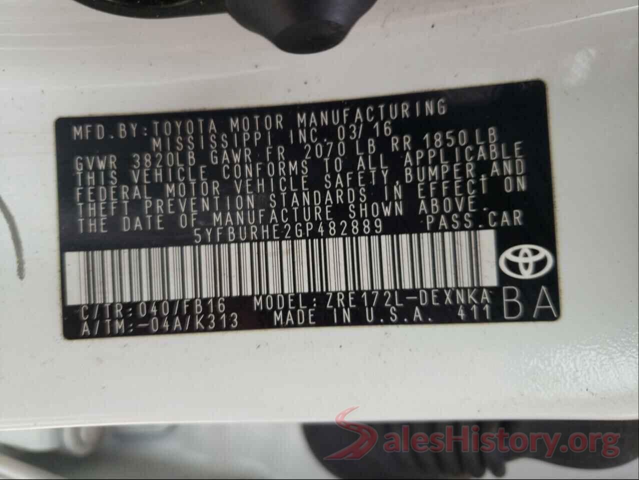 5YFBURHE2GP482889 2016 TOYOTA COROLLA