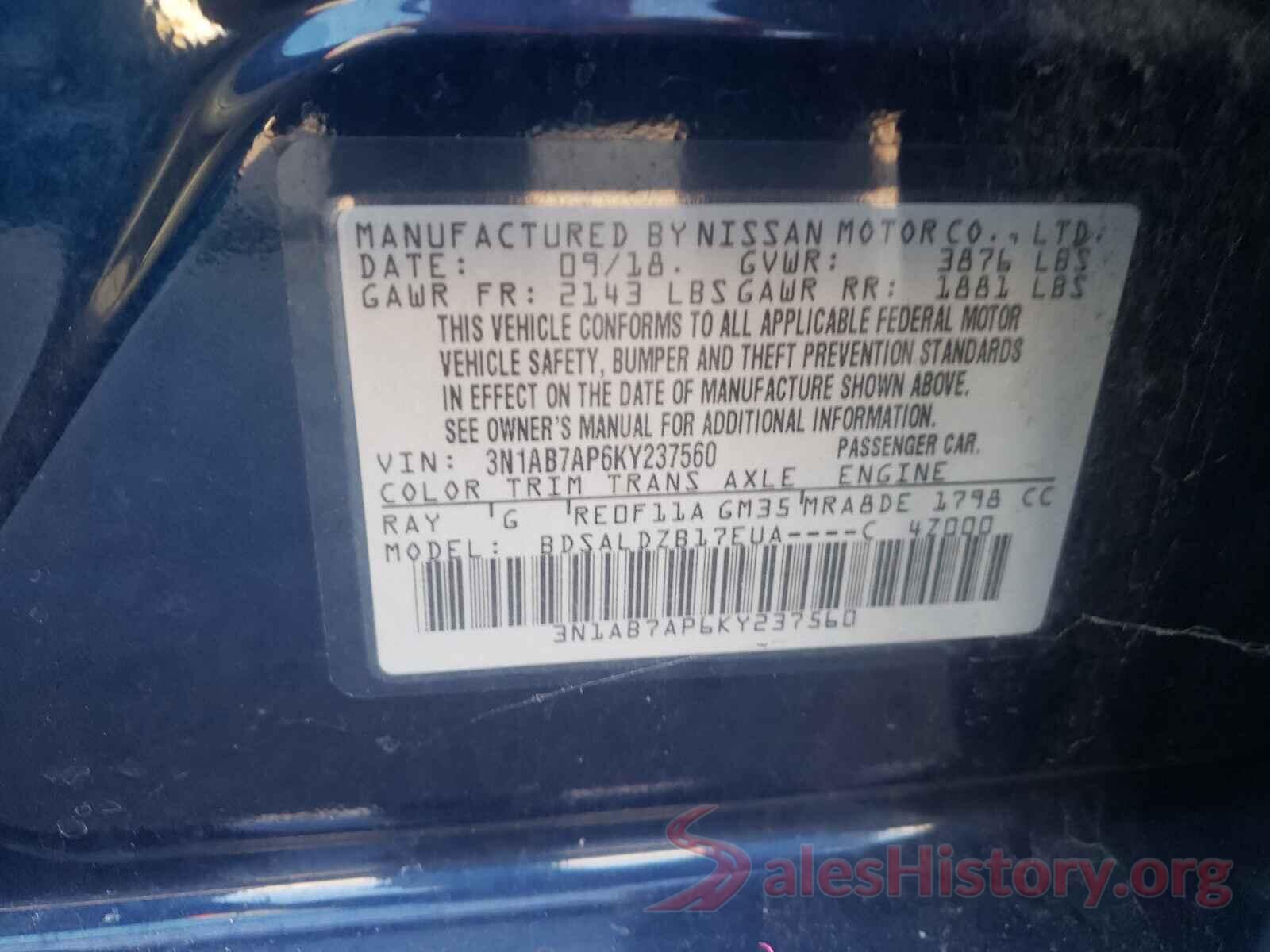 3N1AB7AP6KY237560 2019 NISSAN SENTRA