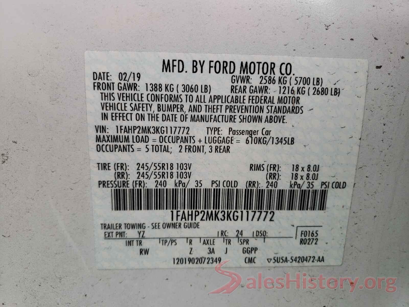 1FAHP2MK3KG117772 2019 FORD TAURUS