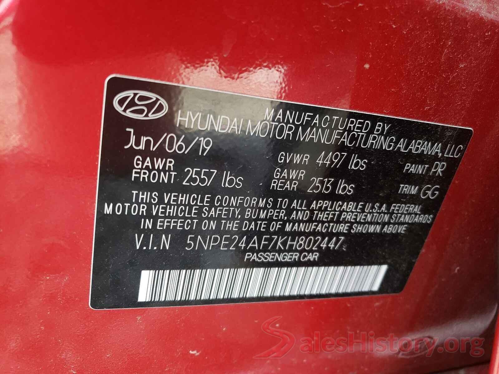 5NPE24AF7KH802447 2019 HYUNDAI SONATA