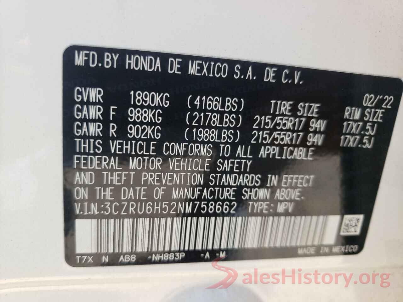 3CZRU6H52NM758662 2022 HONDA HR-V