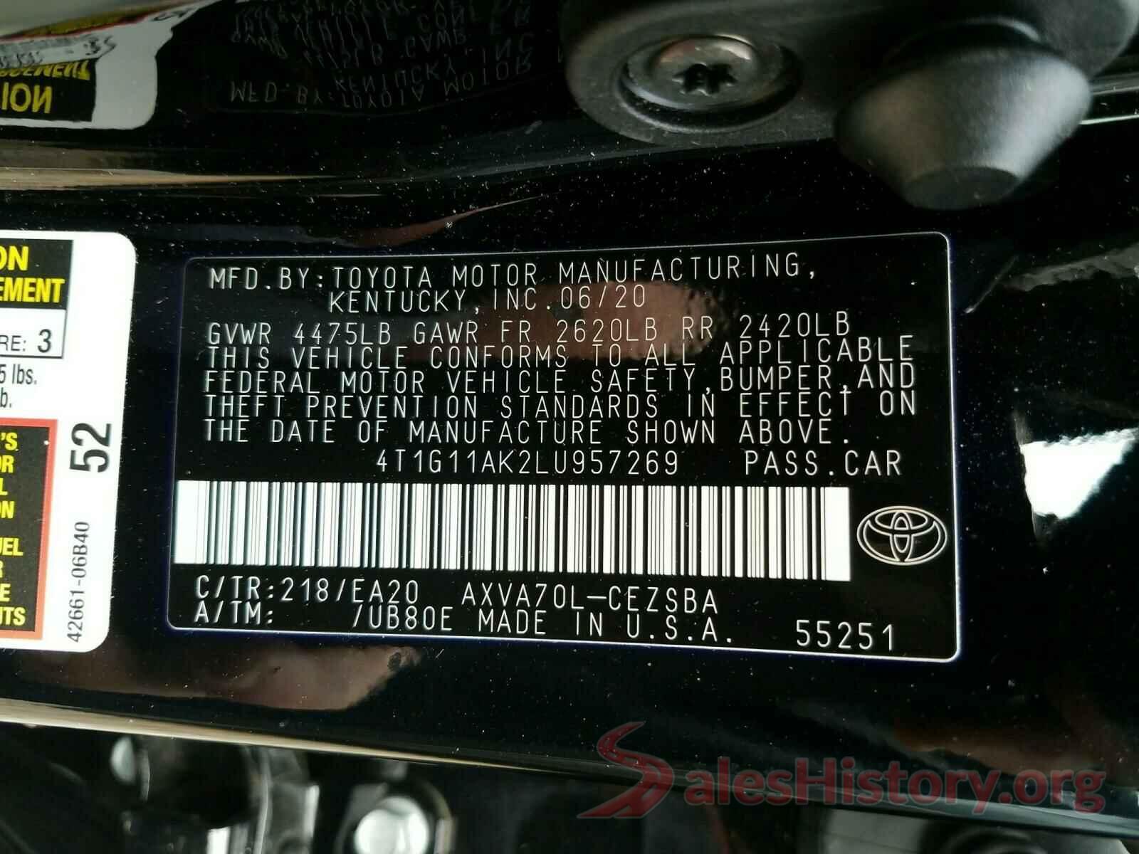 4T1G11AK2LU957269 2020 TOYOTA CAMRY