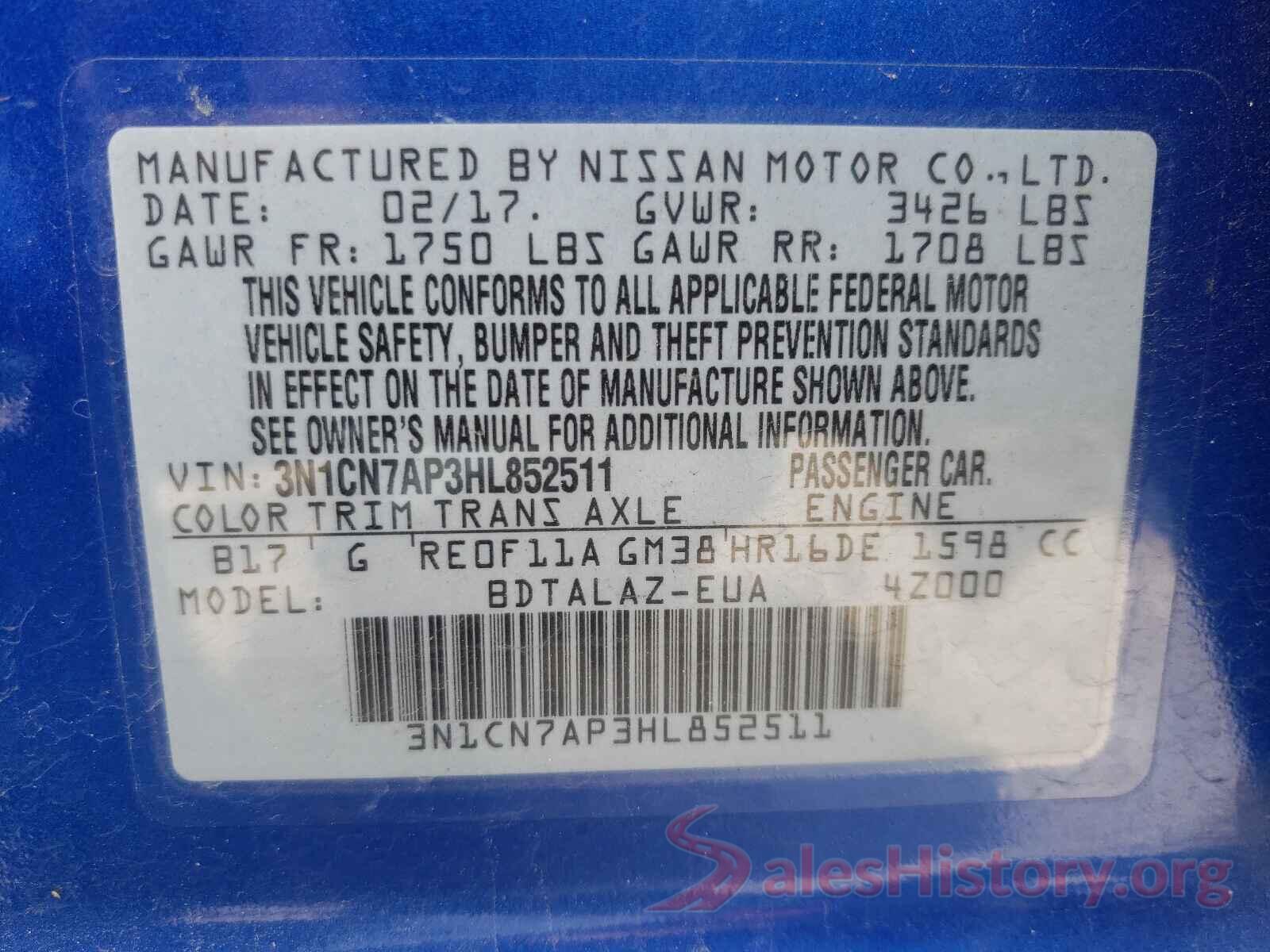 3N1CN7AP3HL852511 2017 NISSAN VERSA