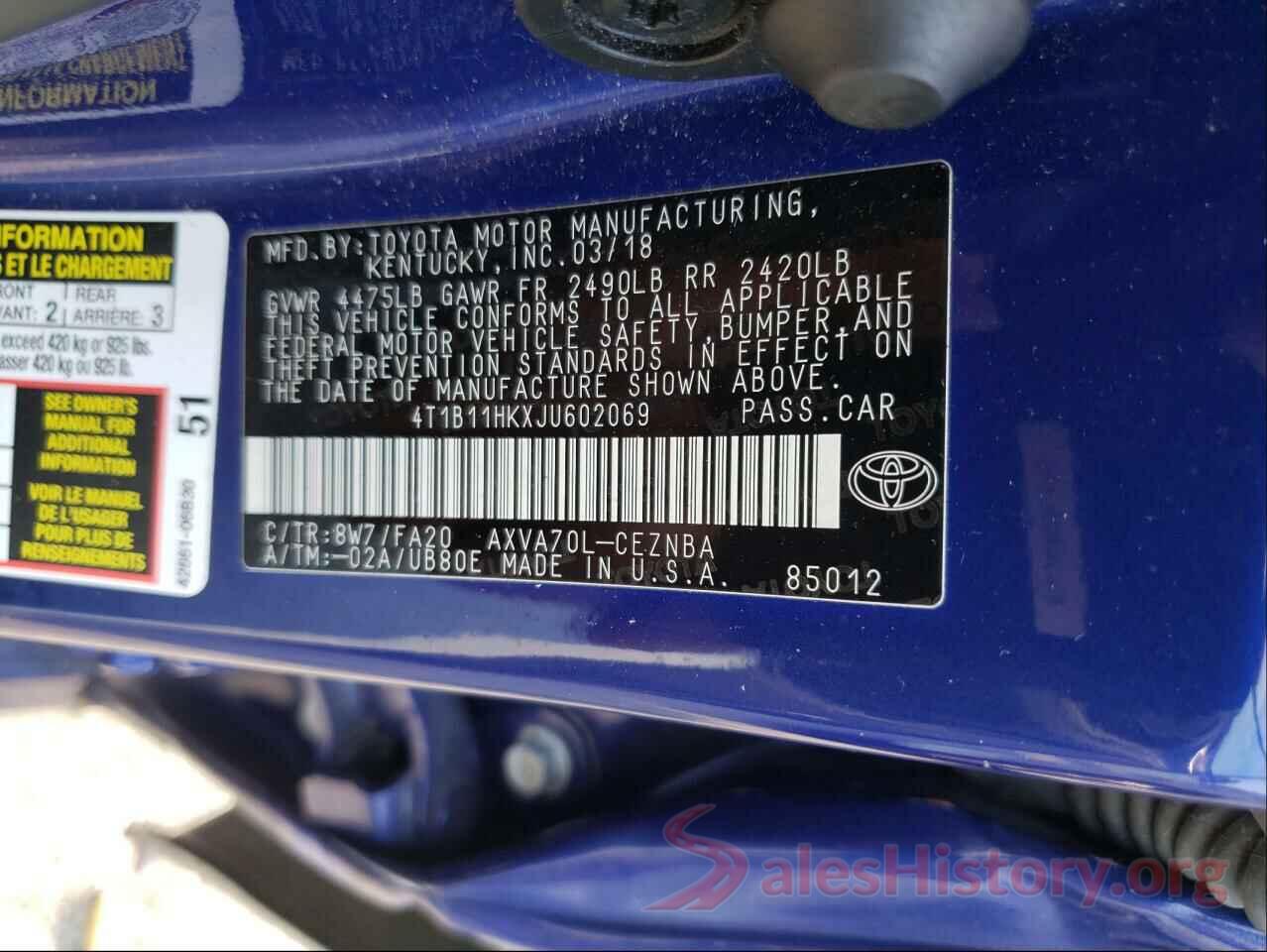 4T1B11HKXJU602069 2018 TOYOTA CAMRY