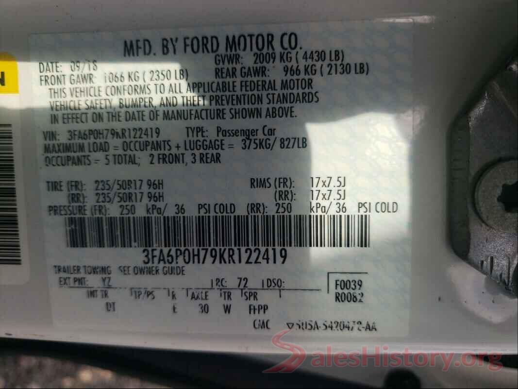 3FA6P0H79KR122419 2019 FORD FUSION