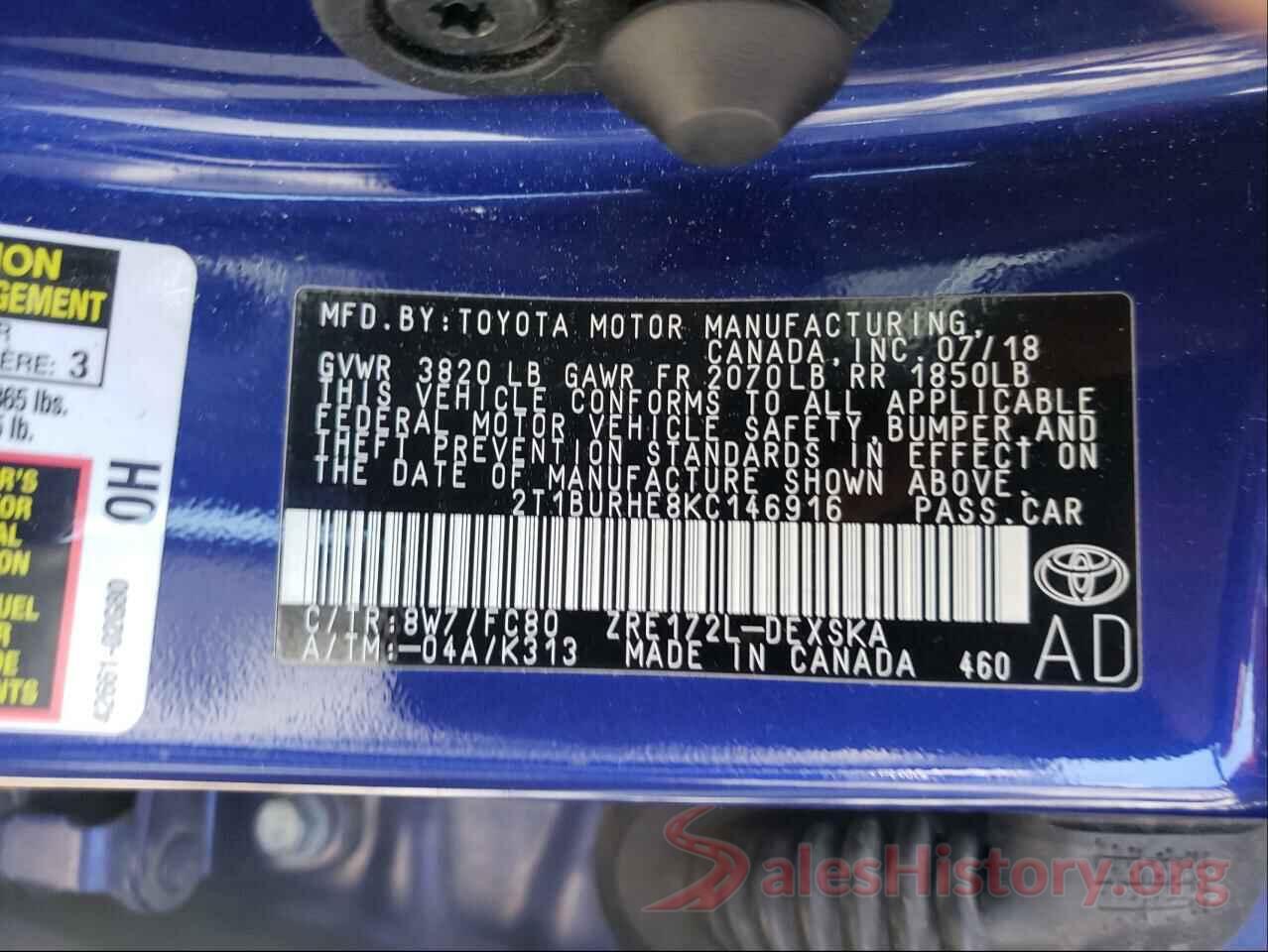 2T1BURHE8KC146916 2019 TOYOTA COROLLA