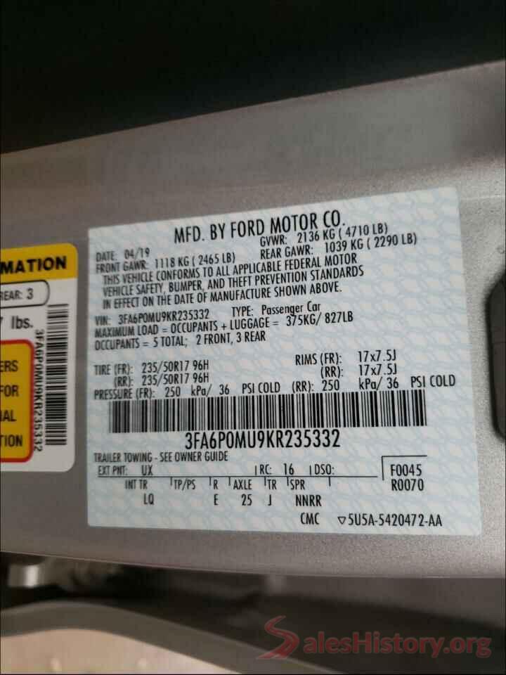 3FA6P0MU9KR235332 2019 FORD FUSION