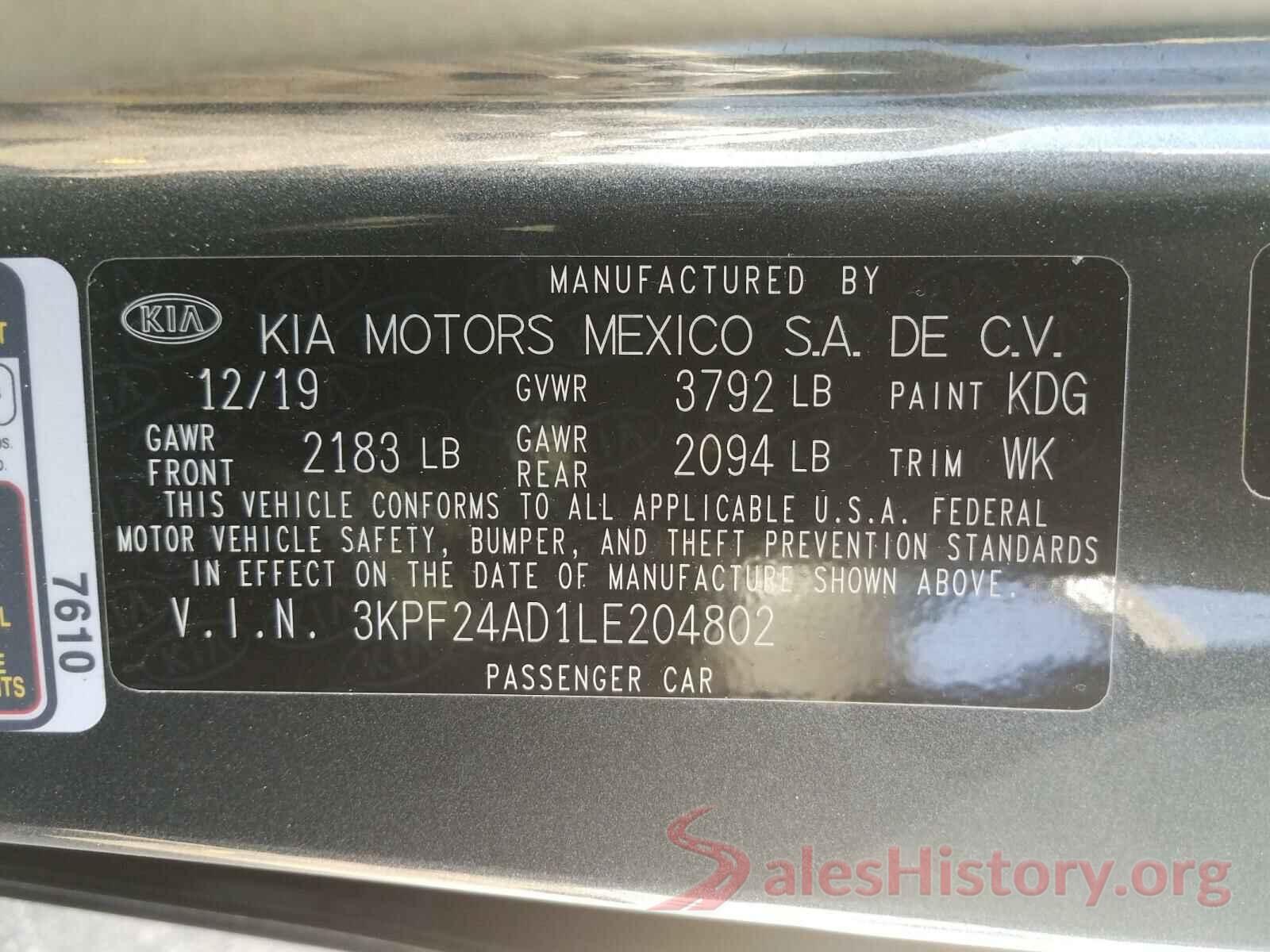 3KPF24AD1LE204802 2020 KIA FORTE