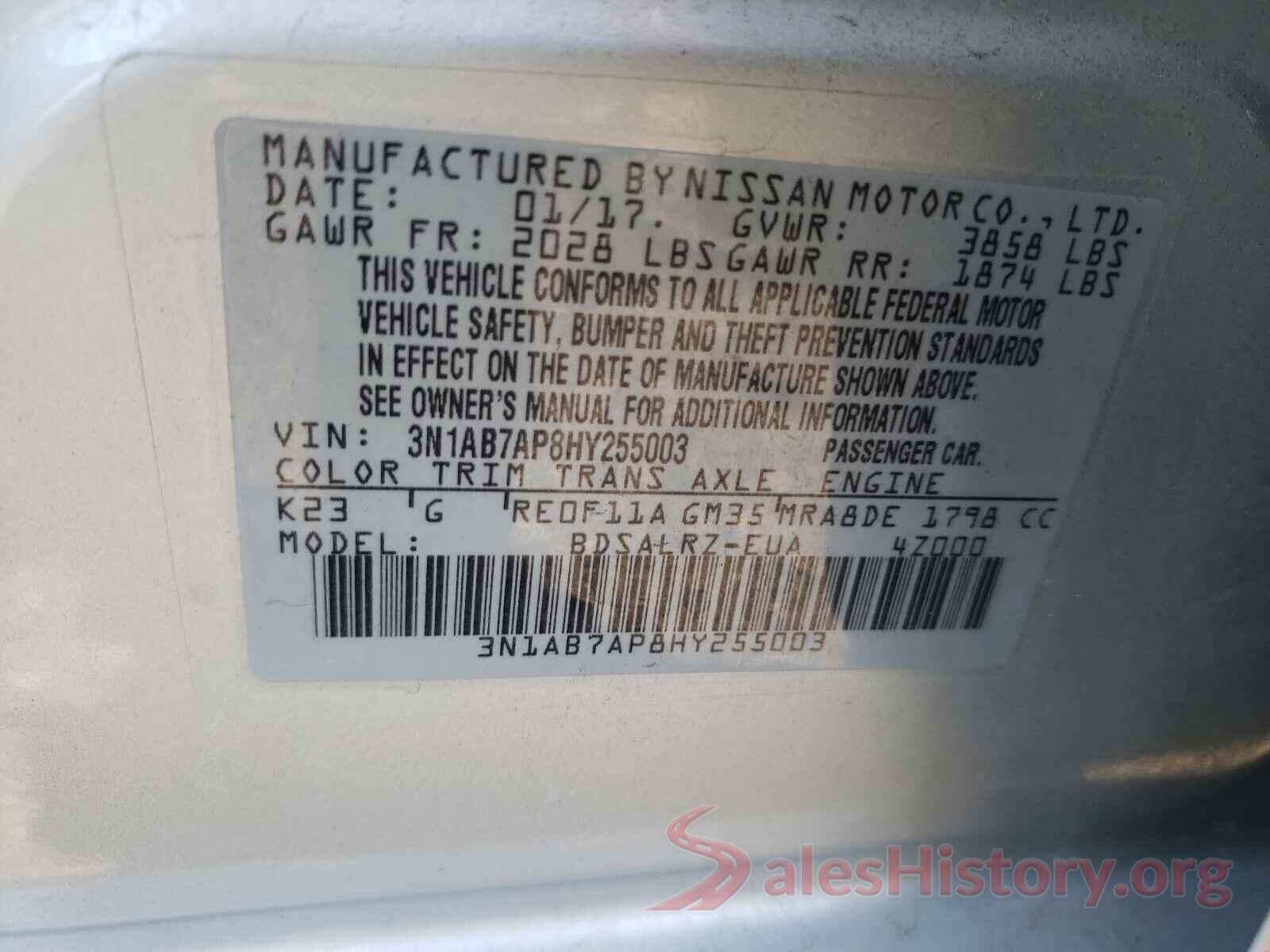 3N1AB7AP8HY255003 2017 NISSAN SENTRA