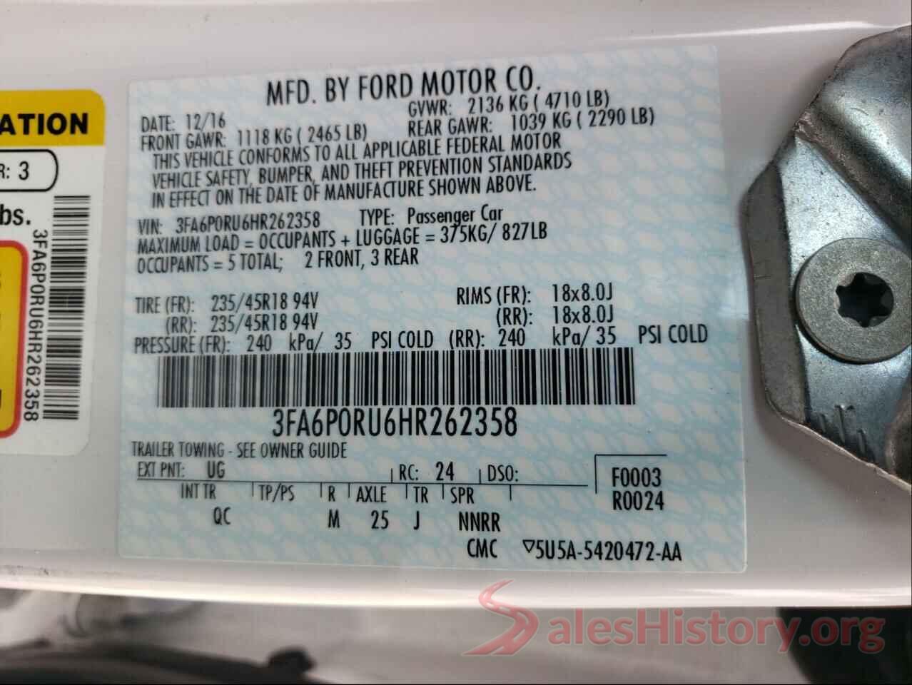 3FA6P0RU6HR262358 2017 FORD FUSION