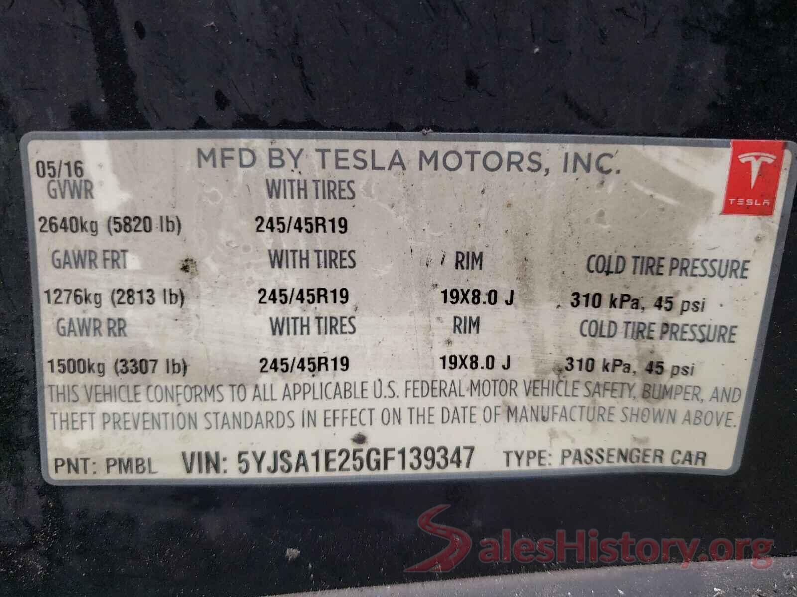 5YJSA1E25GF139347 2016 TESLA MODEL S