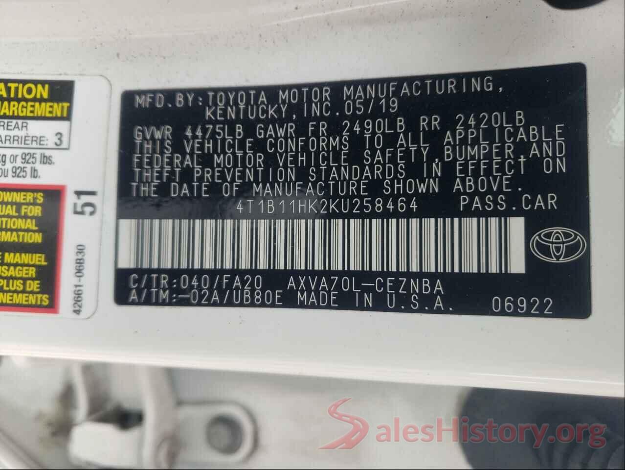 4T1B11HK2KU258464 2019 TOYOTA CAMRY