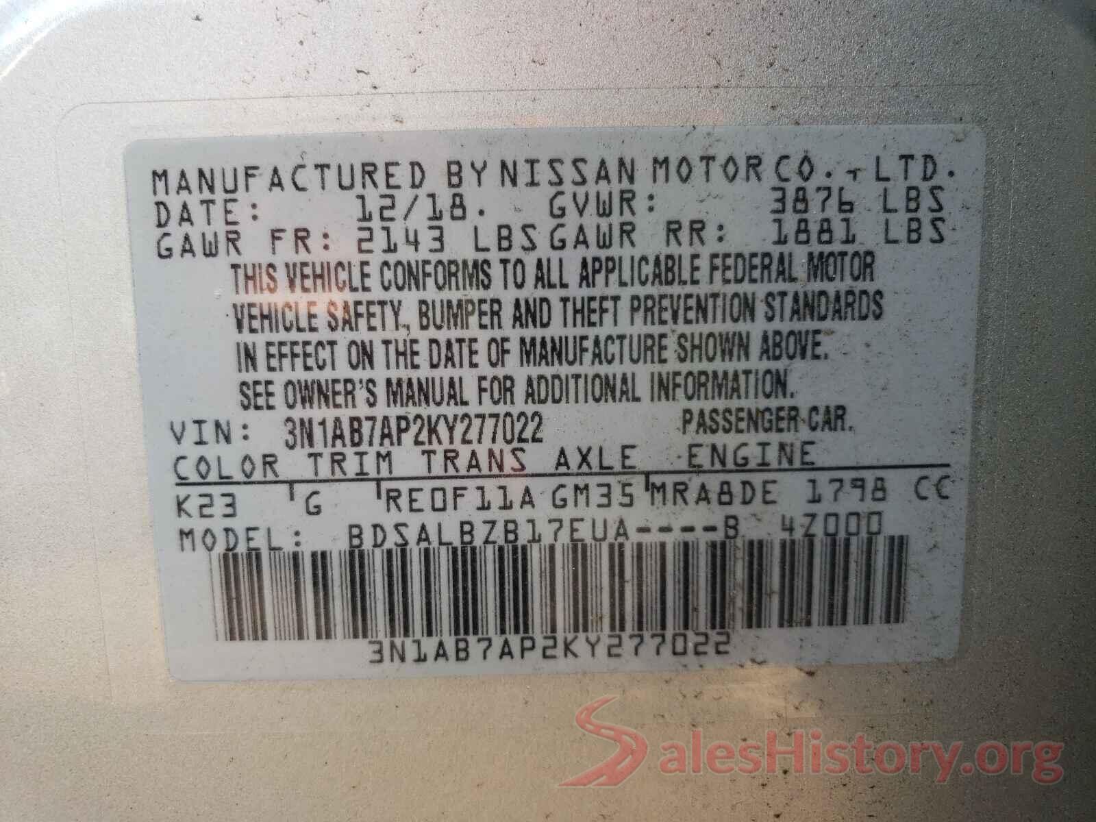 3N1AB7AP2KY277022 2019 NISSAN SENTRA