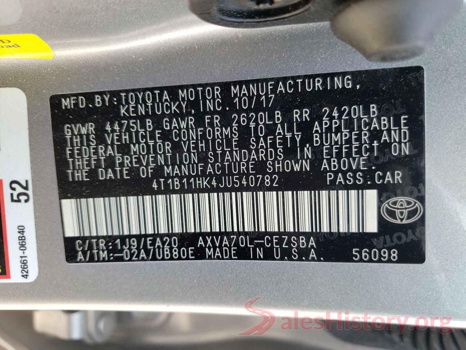 4T1B11HK4JU540782 2018 TOYOTA CAMRY