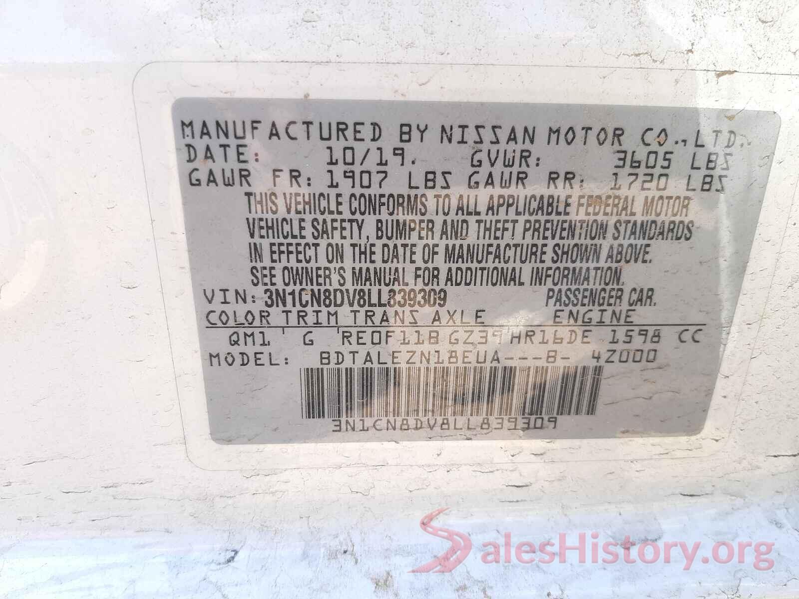 3N1CN8DV8LL839309 2020 NISSAN VERSA