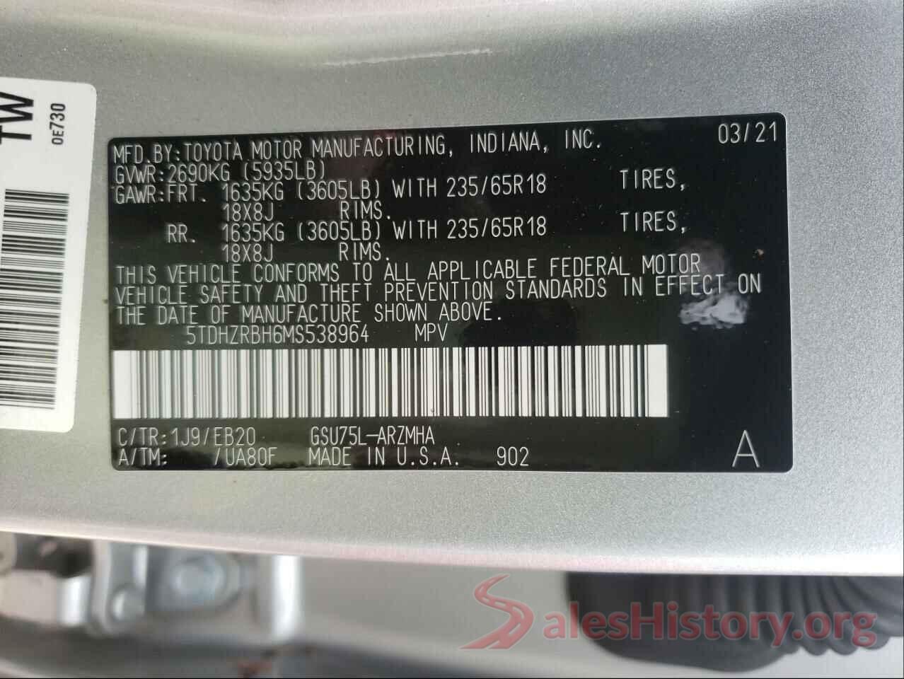 5TDHZRBH6MS538964 2021 TOYOTA HIGHLANDER