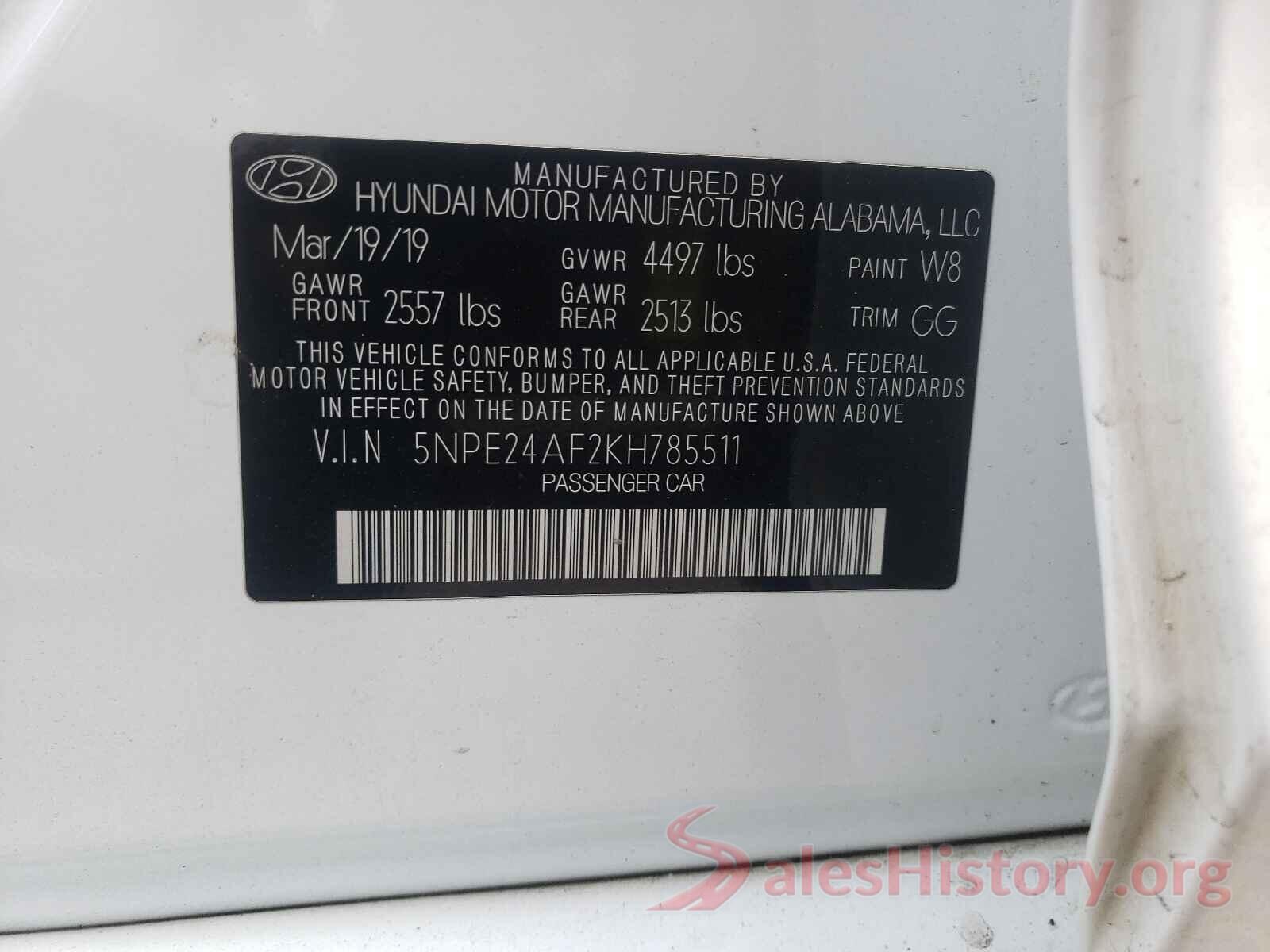 5NPE24AF2KH785511 2019 HYUNDAI SONATA