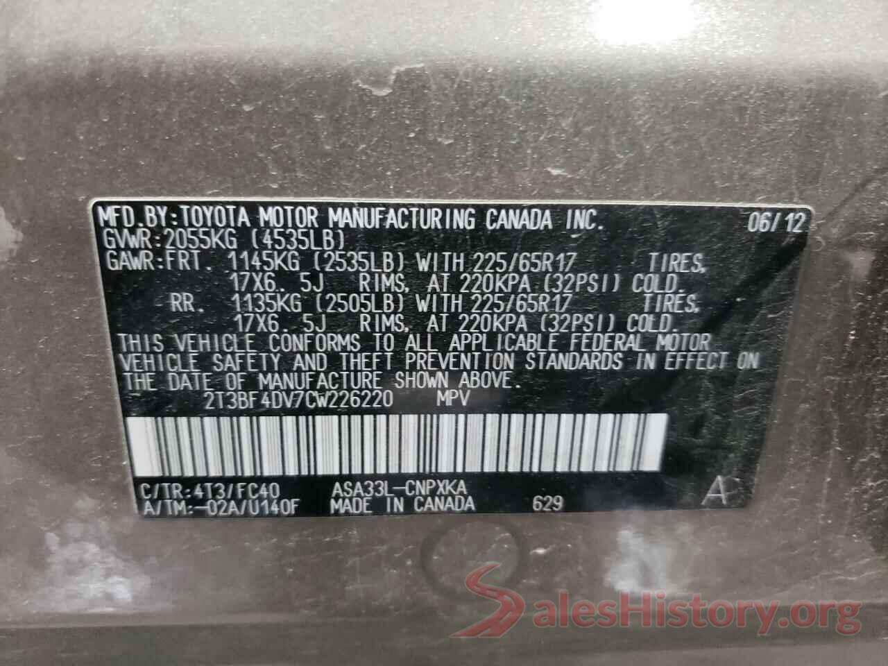 2T3BF4DV7CW226220 2012 TOYOTA RAV4