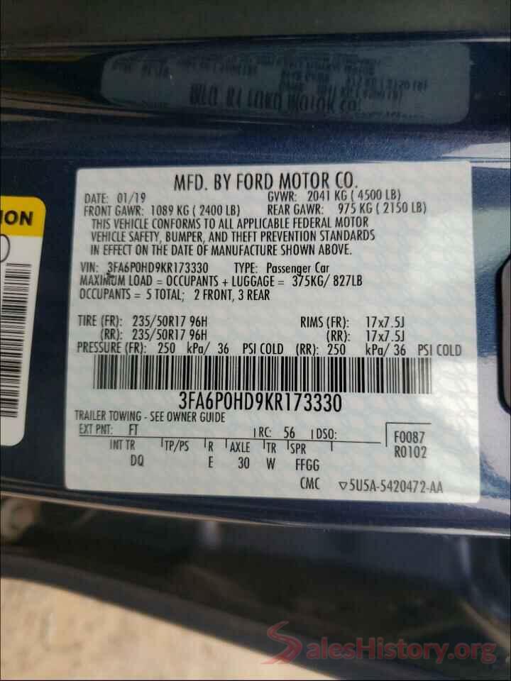 3FA6P0HD9KR173330 2019 FORD FUSION