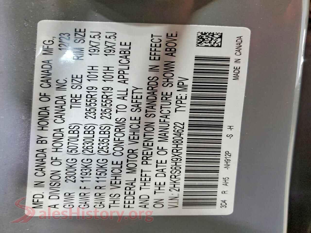 2024 HONDA CRV VIN 2HKRS6H9XRH804622, trunk area