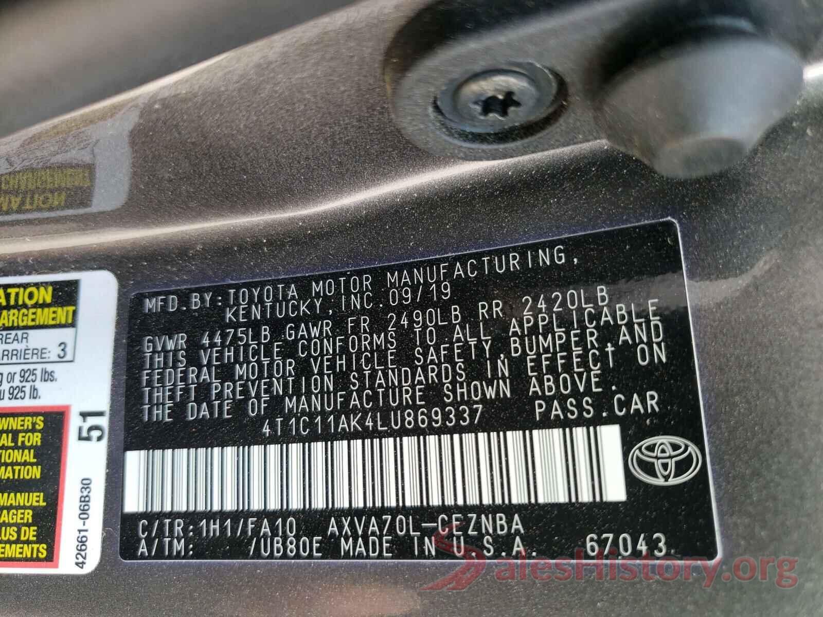 4T1C11AK4LU869337 2020 TOYOTA CAMRY