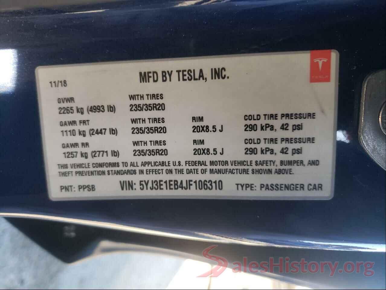 5YJ3E1EB4JF106310 2018 TESLA MODEL 3