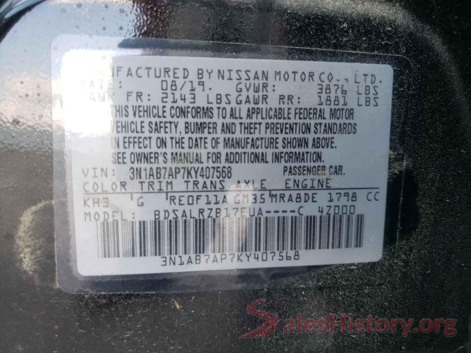 3N1AB7AP7KY407568 2019 NISSAN SENTRA