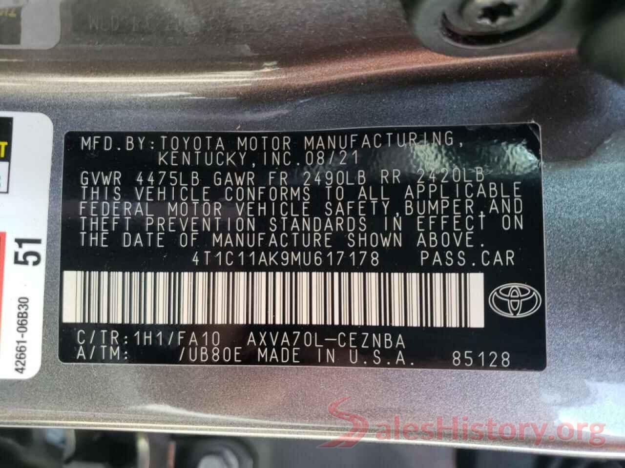 4T1C11AK9MU617178 2021 TOYOTA CAMRY