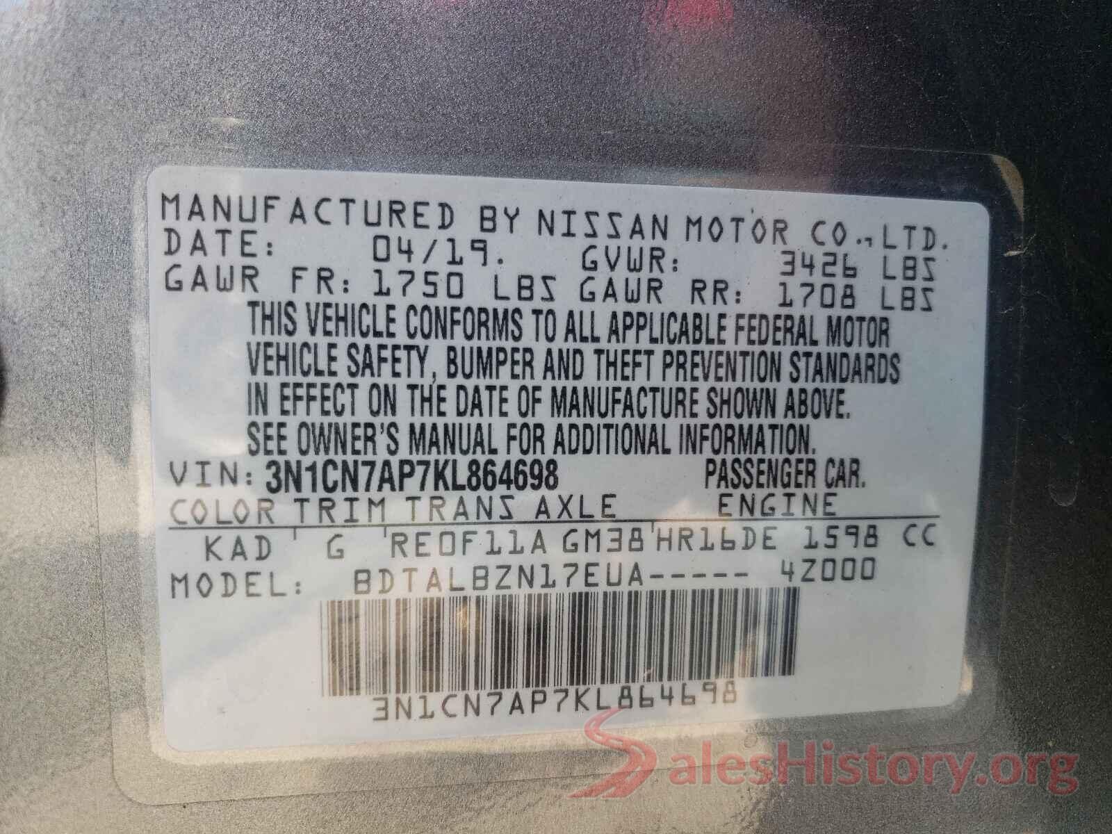 3N1CN7AP7KL864698 2019 NISSAN VERSA