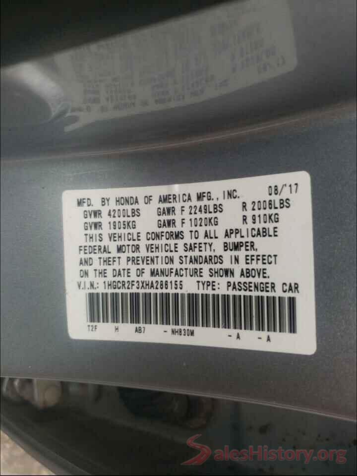 1HGCR2F3XHA286155 2017 HONDA ACCORD