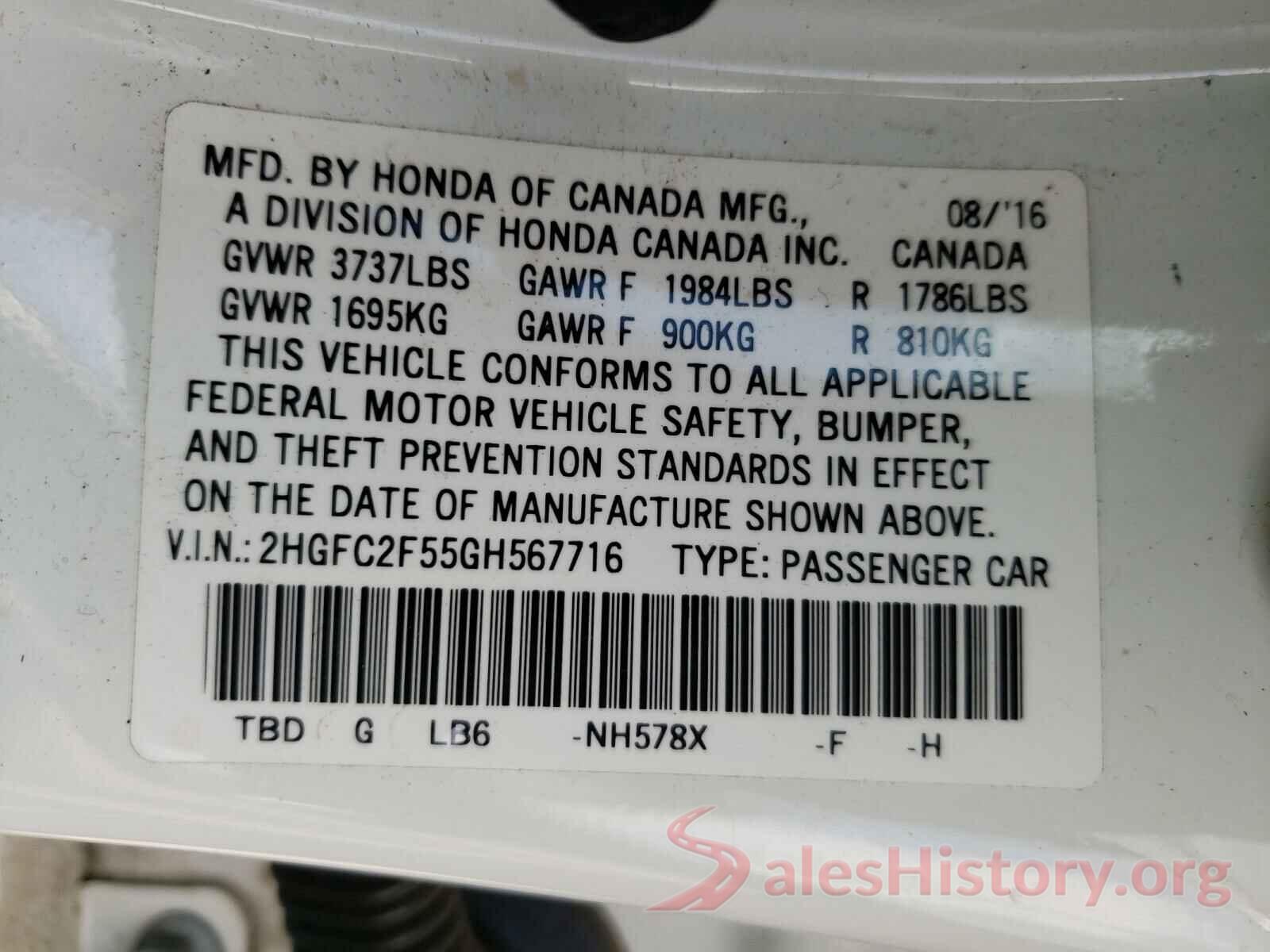 2HGFC2F55GH567716 2016 HONDA CIVIC