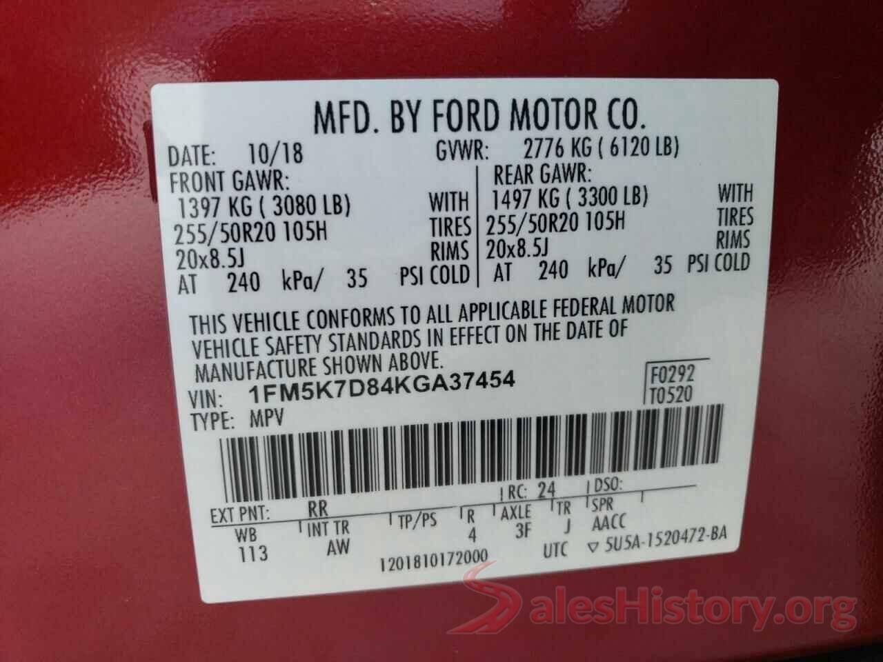 1FM5K7D84KGA37454 2019 FORD EXPLORER