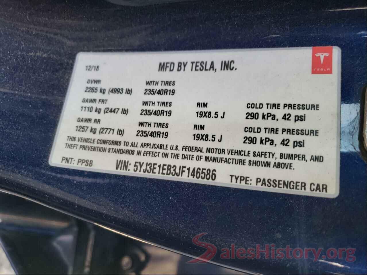 5YJ3E1EB3JF146586 2018 TESLA MODEL 3