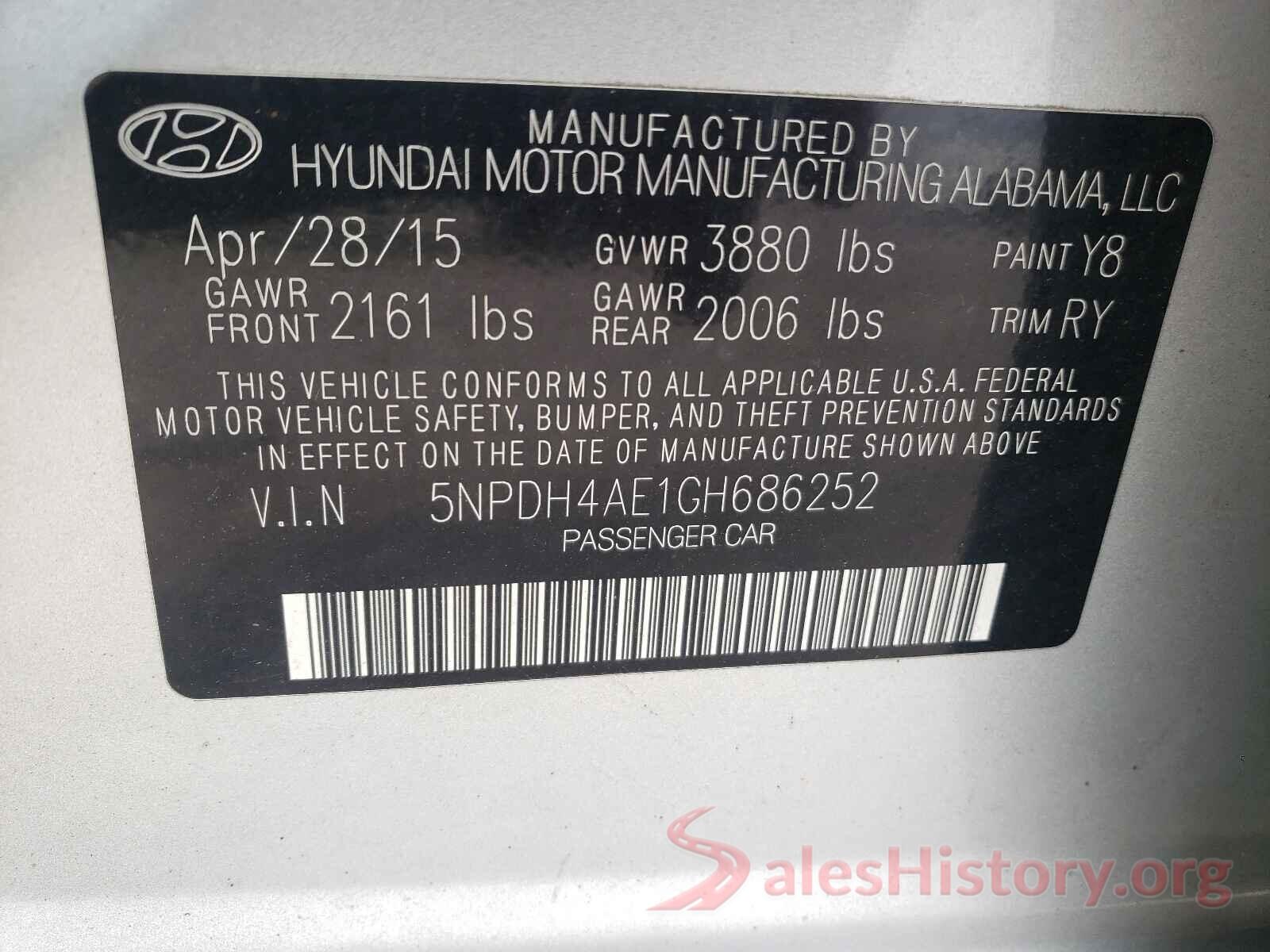 5NPDH4AE1GH686252 2016 HYUNDAI ELANTRA