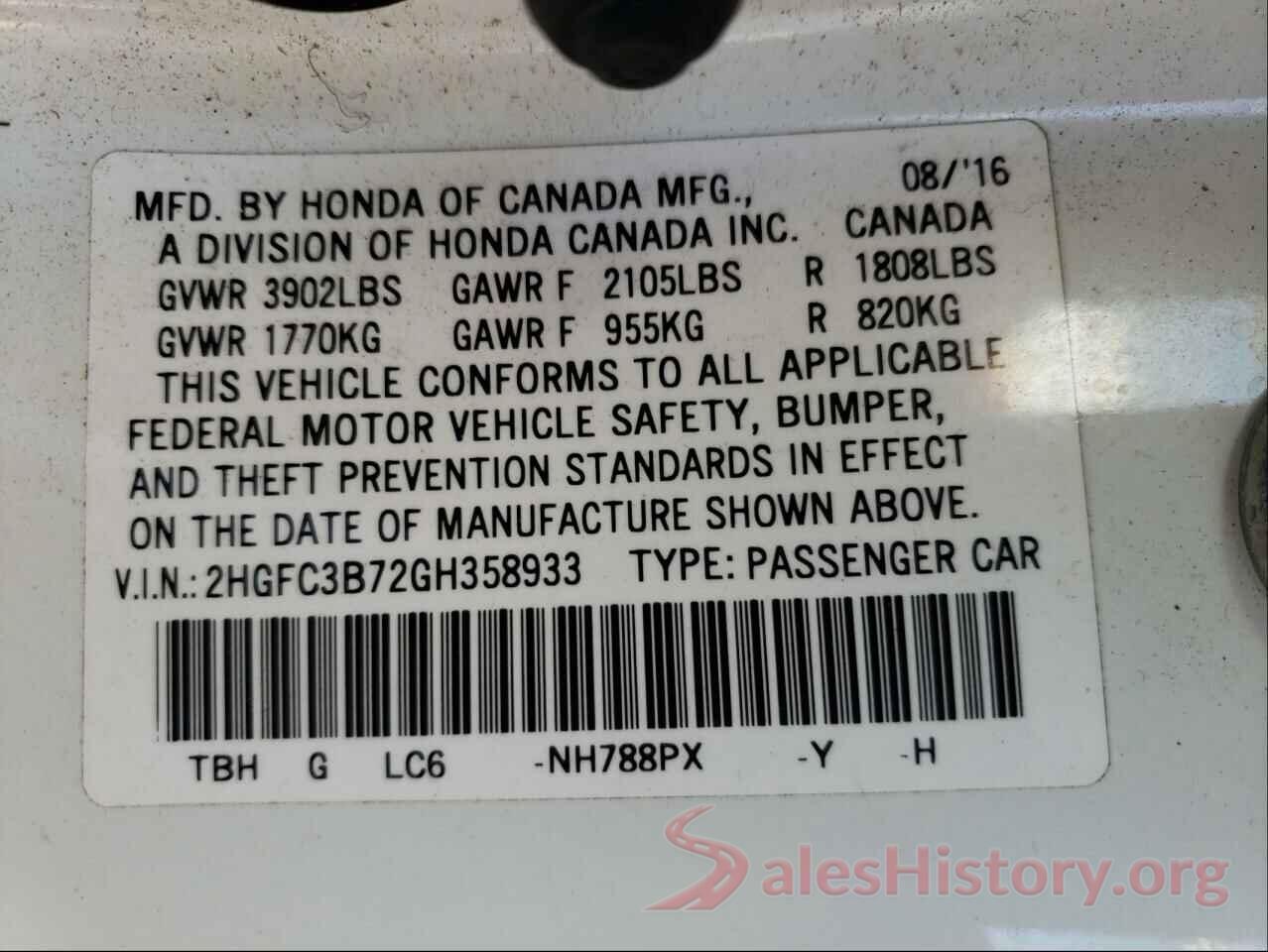 2HGFC3B72GH358933 2016 HONDA CIVIC