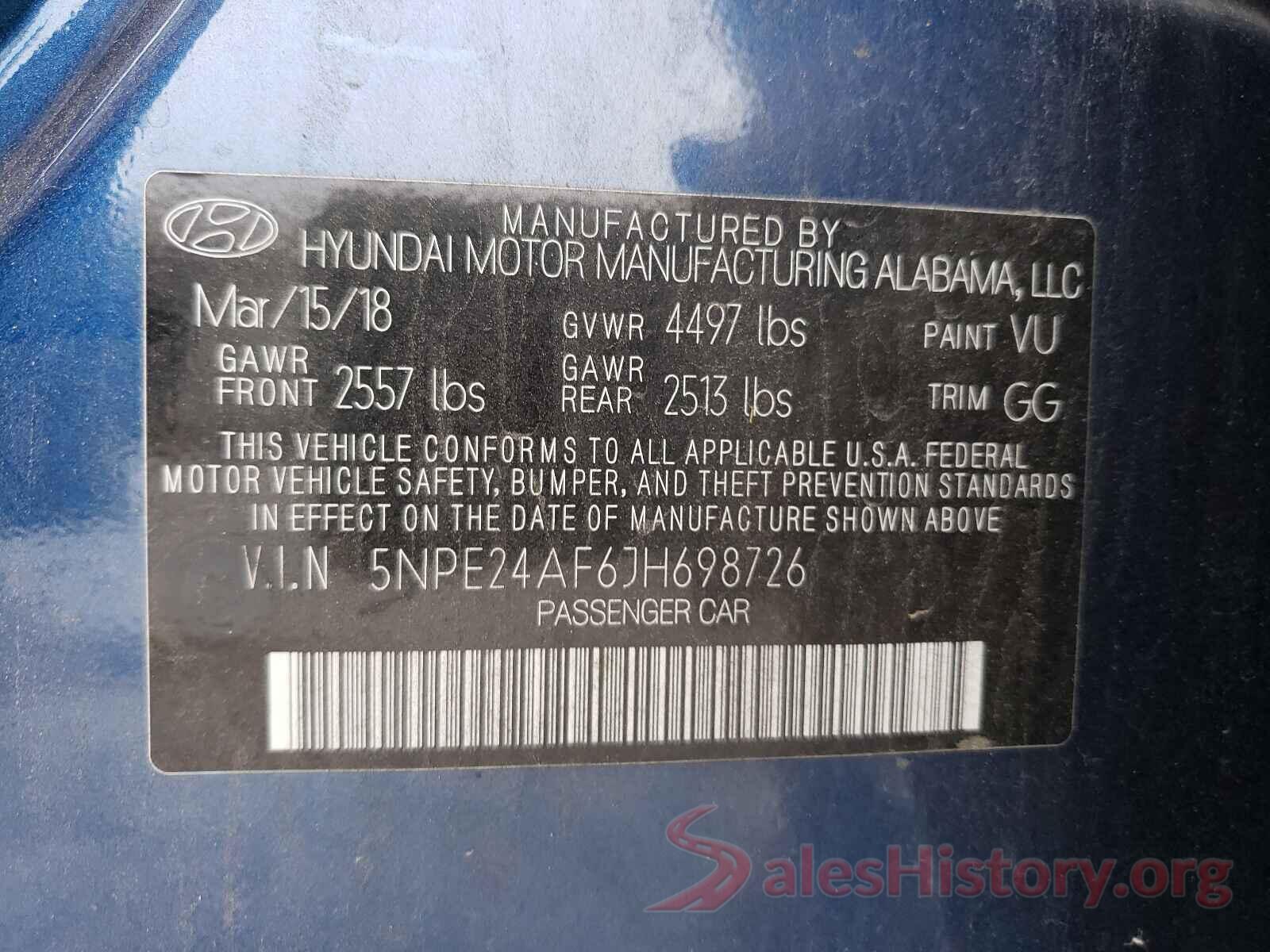 5NPE24AF6JH698726 2018 HYUNDAI SONATA