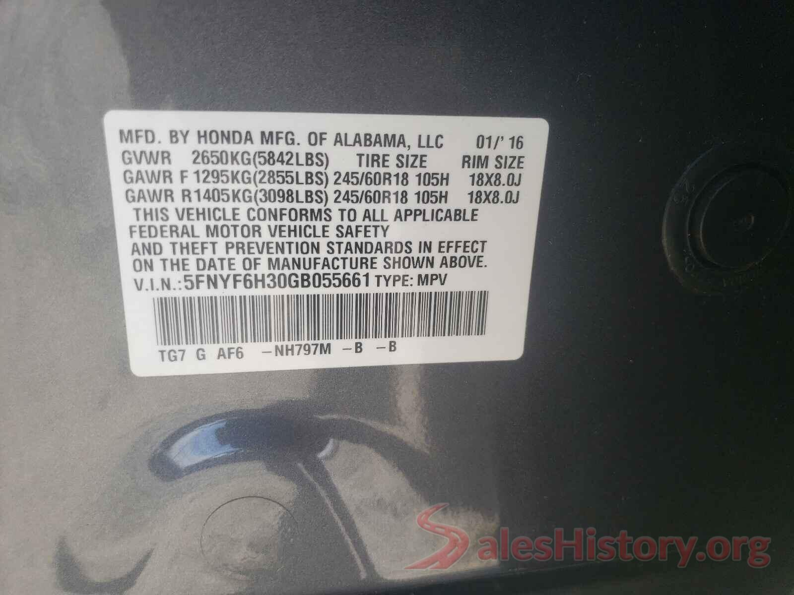 5FNYF6H30GB055661 2016 HONDA PILOT