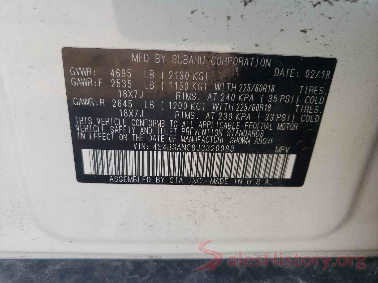 4S4BSANC8J3320089 2018 SUBARU OUTBACK