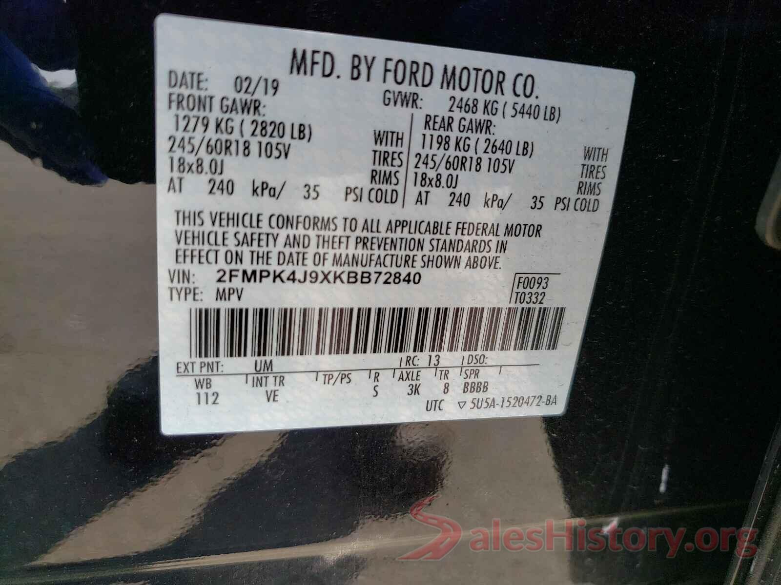 2FMPK4J9XKBB72840 2019 FORD EDGE