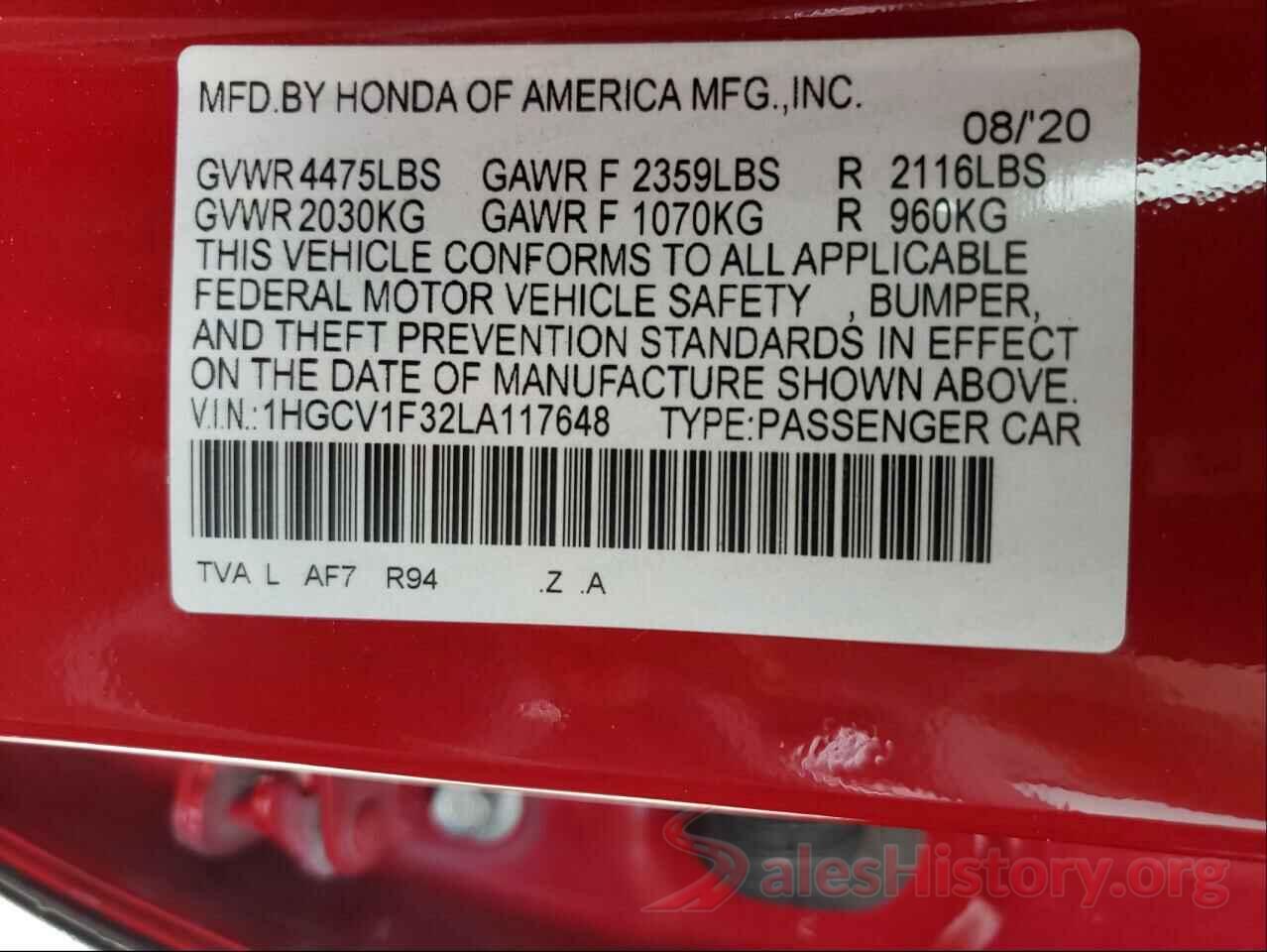 1HGCV1F32LA117648 2020 HONDA ACCORD