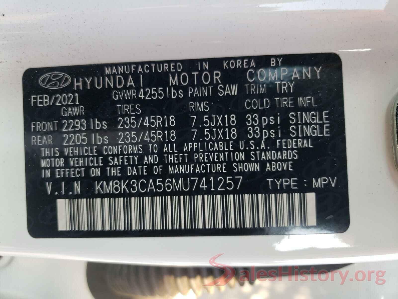 KM8K3CA56MU741257 2021 HYUNDAI KONA