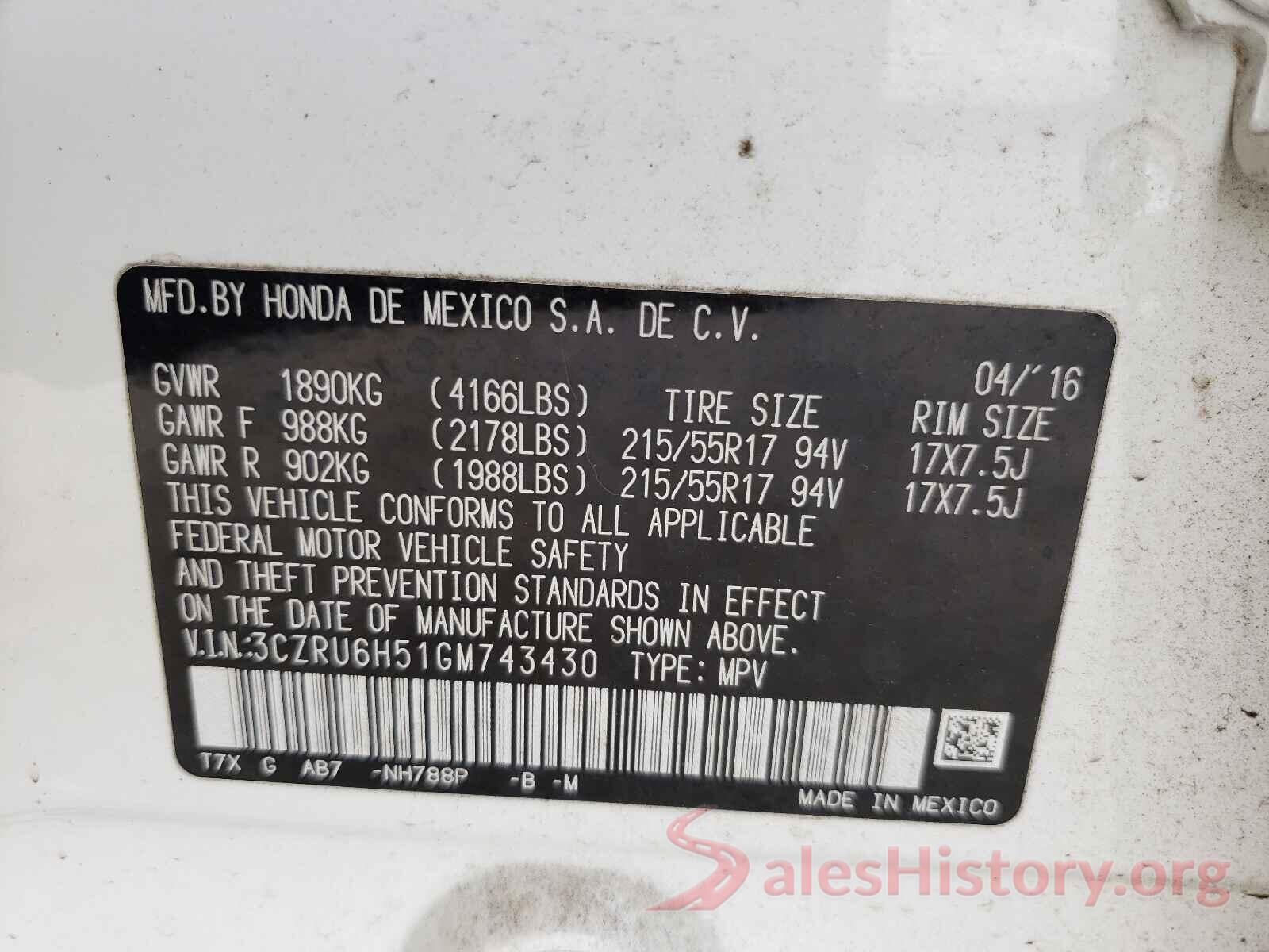 3CZRU6H51GM743430 2016 HONDA HR-V