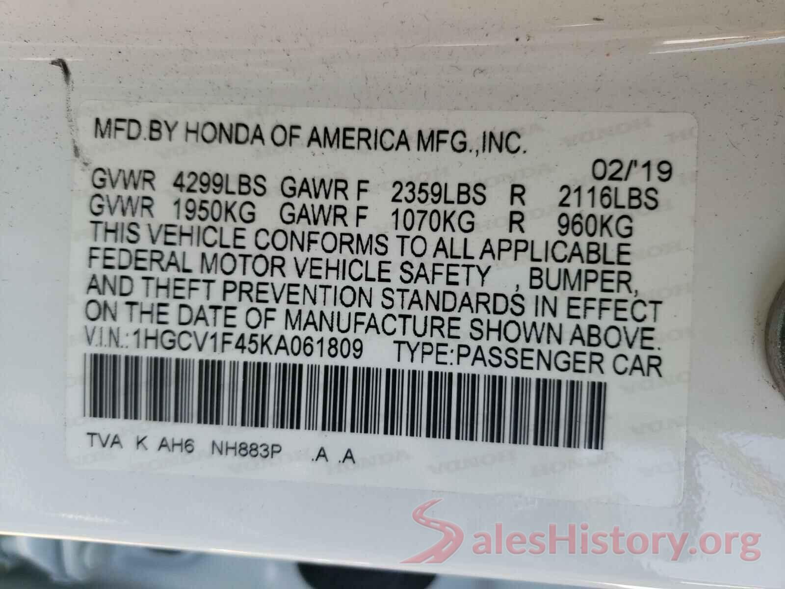 1HGCV1F45KA061809 2019 HONDA ACCORD