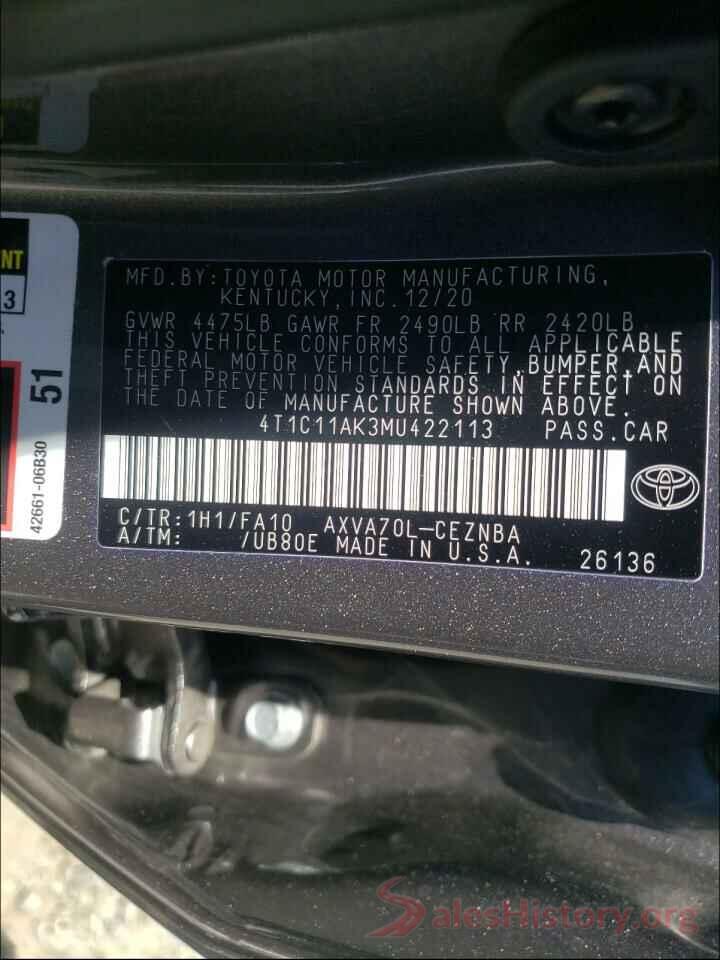 4T1C11AK3MU422113 2021 TOYOTA CAMRY