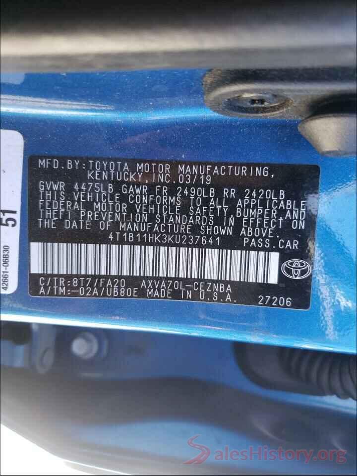 4T1B11HK3KU237641 2019 TOYOTA CAMRY