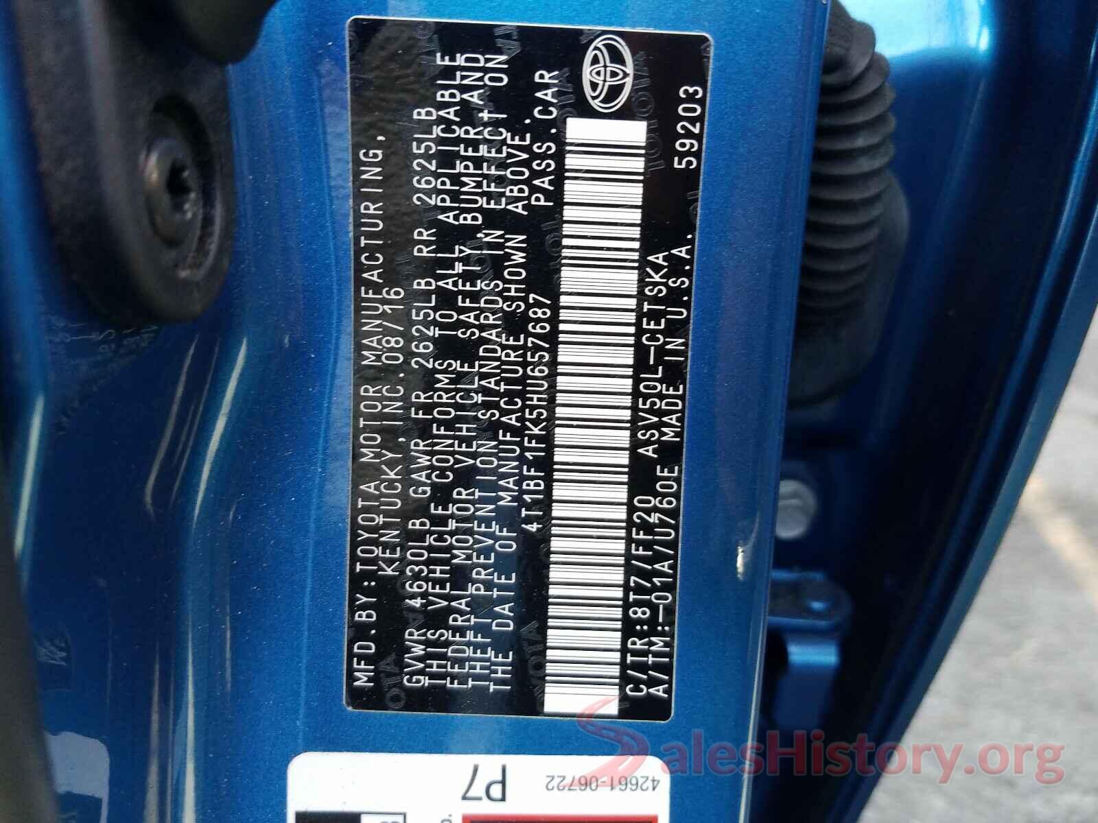 4T1BF1FK5HU657687 2017 TOYOTA CAMRY