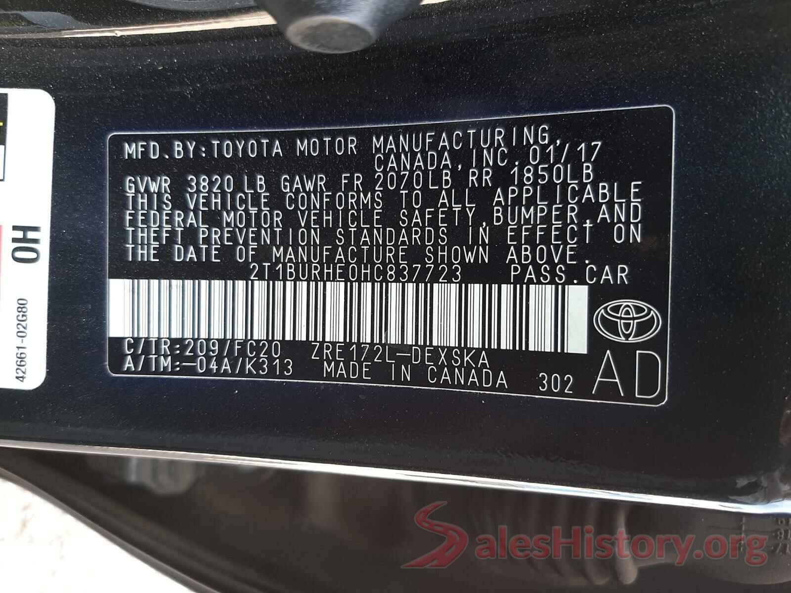 2T1BURHE0HC837723 2017 TOYOTA COROLLA